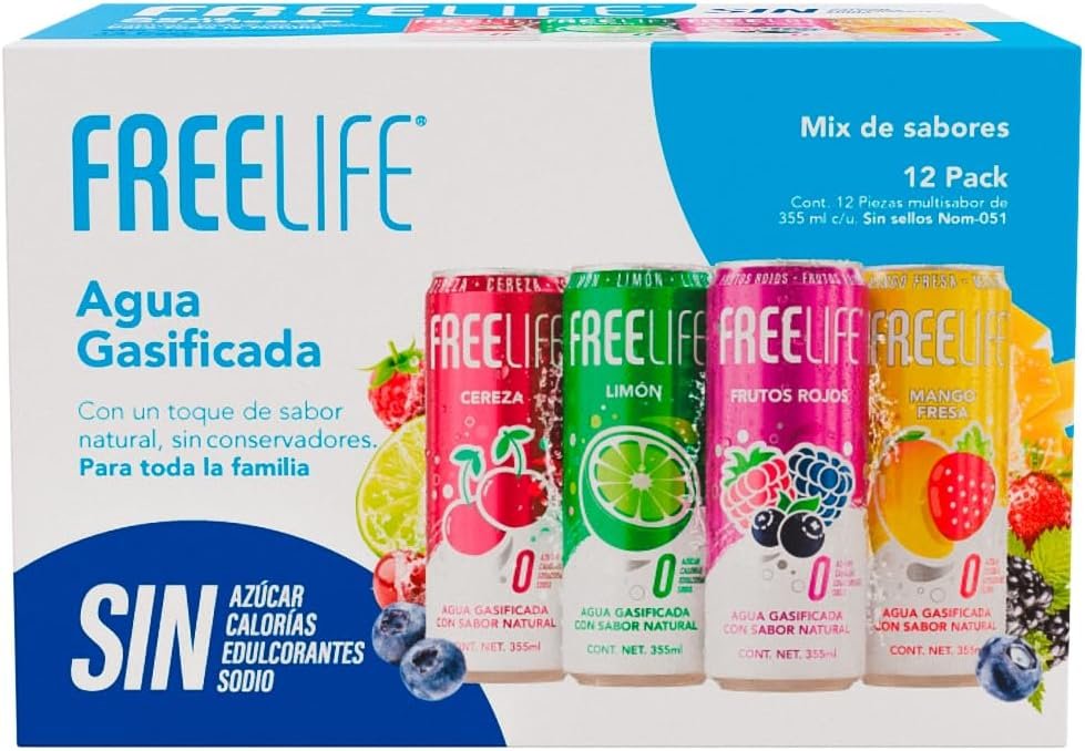 FreeLife | Agua gasificada con sabor natural de frutas, sin calorías ni endulzantes Caja 12 Pack Multi sabor de 355 ML (Cereza, Limon, Frutos Rojos, Mango Fresa) foto 2