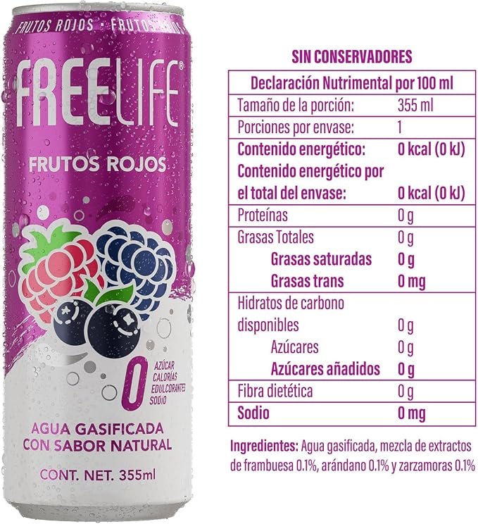 FreeLife | Agua gasificada con sabor natural de frutas, sin calorías ni endulzantes Caja 12 Pack Multi sabor de 355 ML (Cereza, Limon, Frutos Rojos, Mango Fresa) foto 3
